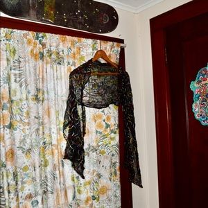 Vintage Black Sheer Scarf with Rainbow Embroidery